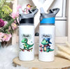 Personalisierte Trinkflasche mit Namen und Strohhalm Jungen Dinosaurierer Wasserflasche aufklappbares Mundstück - CreativMade