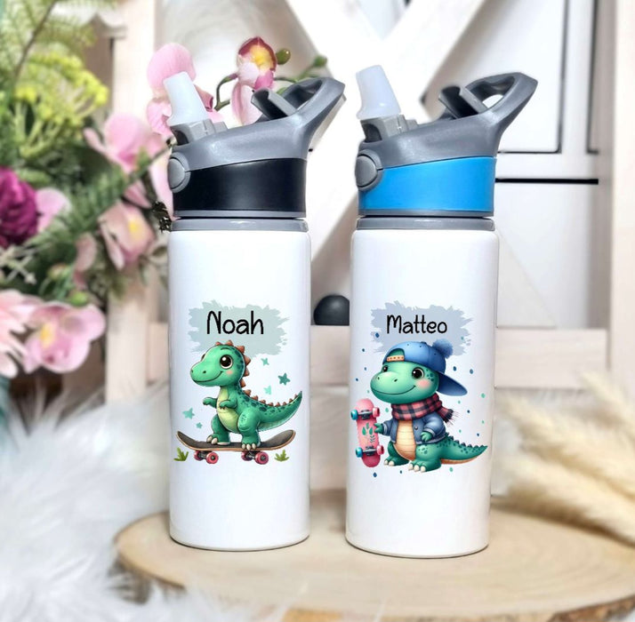 Personalisierte Trinkflasche mit Namen und Strohhalm Jungen Dinosaurierer Wasserflasche aufklappbares Mundstück - CreativMade