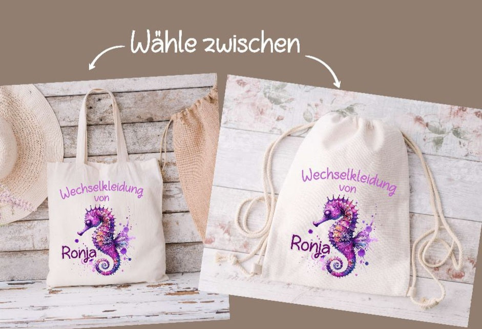 Wechselkleidung Kita Seepferdchen Tasche personalisiert mit Name Mädchen Kindergarten Wechselwäsche Wechselsachen Beutel - CreativMade 