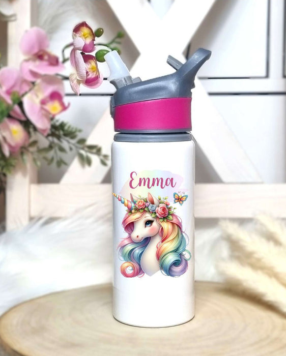 Personalisierte Trinkflasche mit Namen und Strohhalm Einhorn Wasserflasche aufklappbares Mundstück - CreativMade