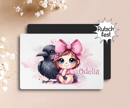 Tischset Kinder rutschfest personalisiert mit Name Rabe Mädchen Platzdeckchen Platzset - CreativMade