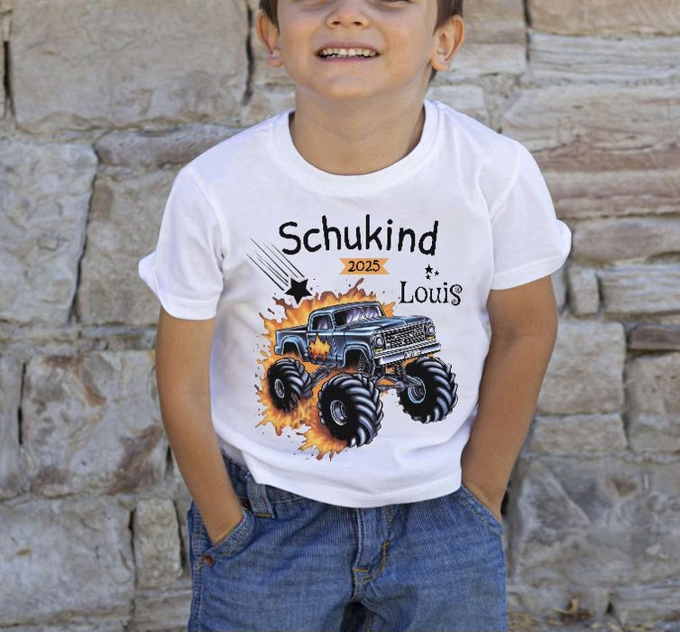 Schulkind T-Shirt mit Name personalisiert Junge Monstertruck Einschulungsshirt Einschulung erste Klasse Geschenk - CreativMade