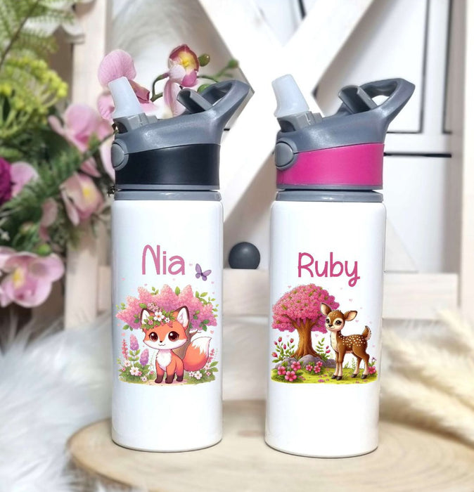 Personalisierte Trinkflasche mit Namen und Strohhalm Reh oder Fuchs Wasserflasche aufklappbares Mundstück - CreativMade
