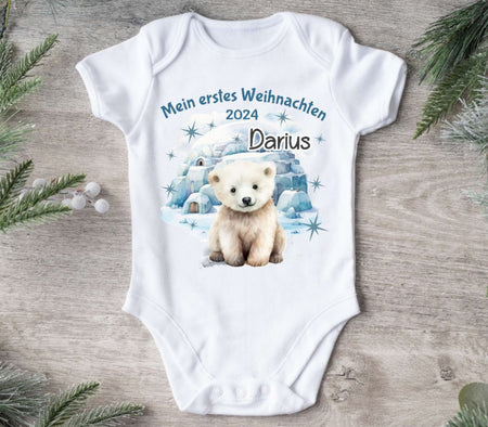 Mein erstes Weihnachten Baby Outfit Body Eisbär Junge Babybody Langarm oder Kurzarm - CreativMade 