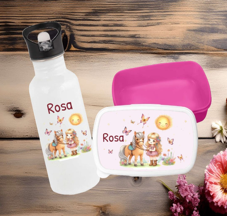 Set Brotdose und Trinkflasche personalisiert mit Namen Pferd Edelstahl 500ml Lunchbox Mädchen - CreativMade