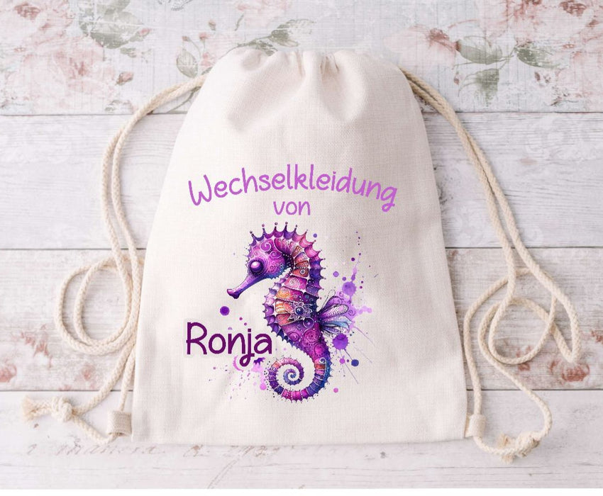 Wechselkleidung Kita Seepferdchen Tasche personalisiert mit Name Mädchen Kindergarten Wechselwäsche Wechselsachen Beutel - CreativMade 