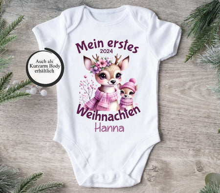 Mein erstes Weihnachten Baby Outfit Body Reh Mädchen Babybody Langarm oder Kurzarm - CreativMade 