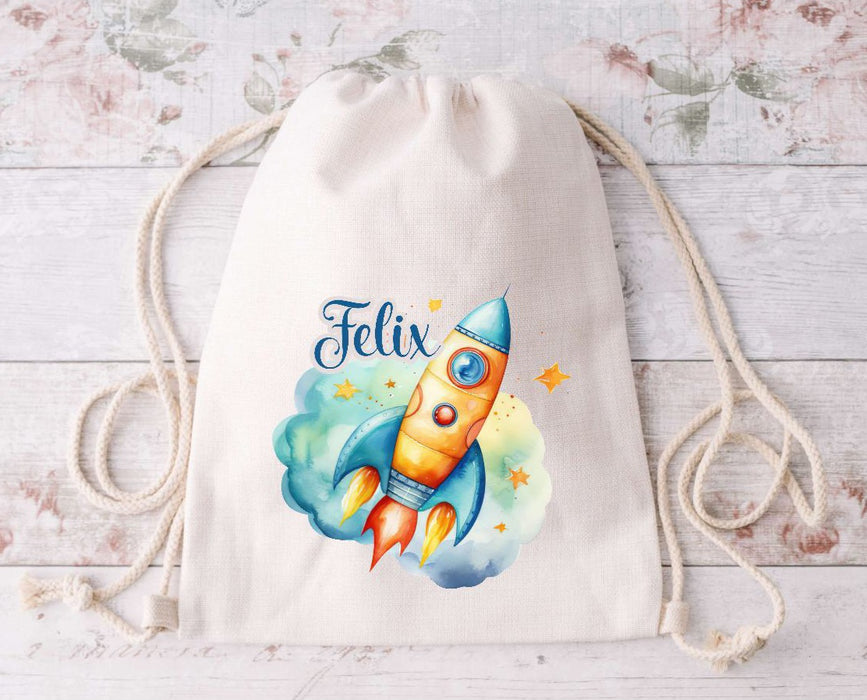 Kinder Turnbeutel Rakete personalisiert mit Name Junge Sportbeutel Zugbandbeutel - CreativMade 