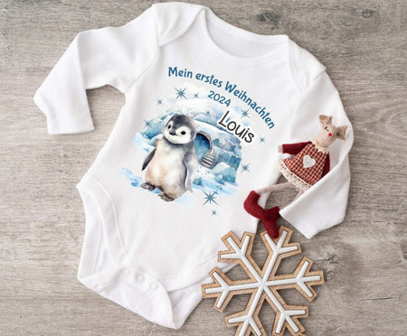 Mein erstes Weihnachten Baby Outfit Body Pinguin Junge Babybody Langarm oder Kurzarm - CreativMade 