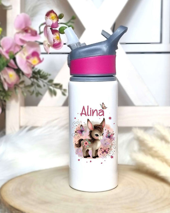 Personalisierte Trinkflasche mit Namen und Strohhalm Esel Wasserflasche aufklappbares Mundstück - CreativMade