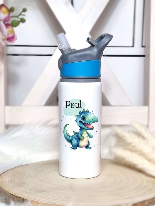 Personalisierte Trinkflasche mit Namen und Strohhalm Jungen Dinosaurierer Wasserflasche aufklappbares Mundstück - CreativMade
