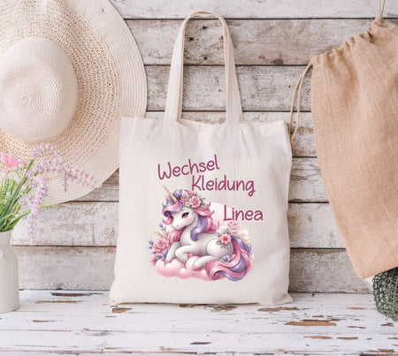 Wechselkleidung Kita Einhorn Tasche personalisiert mit Name Mädchen Kindergarten Wechselwäsche Wechselsachen Beutel - CreativMade 