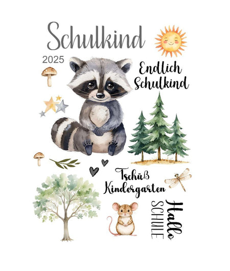 Bügelbild Waschbär Schulkind Kinder Textilaufbügler DIY Projekt hochwertiger DTF Ausdruck XL - CreativMade