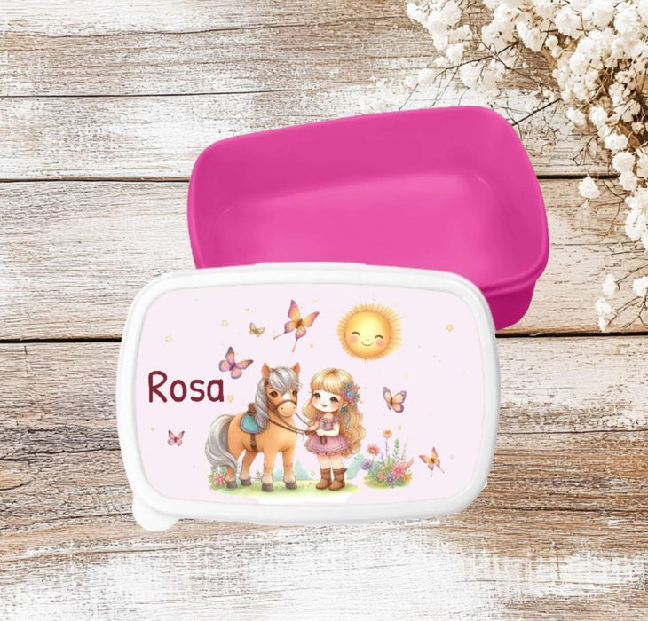 Set Brotdose und Trinkflasche personalisiert mit Namen Pferd Edelstahl 500ml Lunchbox Mädchen - CreativMade