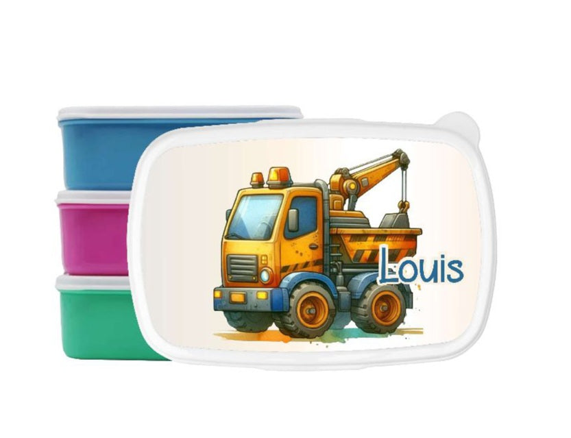 Brotdose Kranwagen Kinder personalisiert mit Name Junge Lunchbox Einschulung Vesperbox Trennfach Kindergarten - CreativMade 