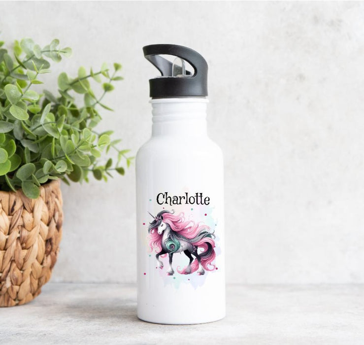 Personalisierte Trinkflasche Einhorn Kinder Edelstahl mit Name mit Strohhalm Mädchen Geschenk Einschulung Geburtstag - CreativMade 