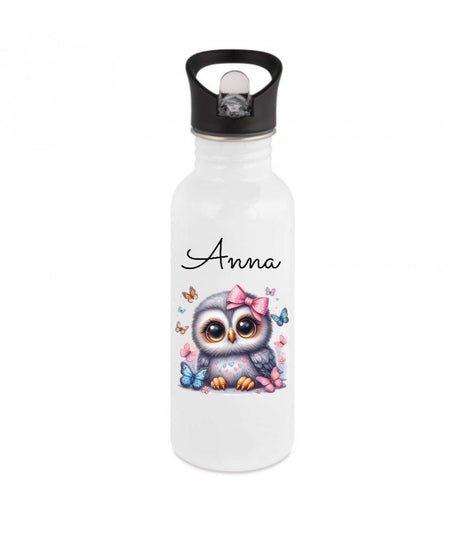 Personalisierte Trinkflasche Kinder Eule Edelstahl mit Name mit Strohhalm Mädchen Geschenk Einschulung Geburtstag - CreativMade 