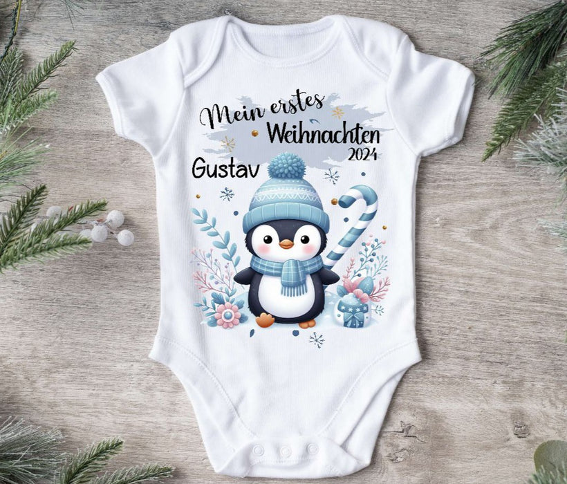 Mein erstes Weihnachten Baby Outfit Body Pinguin Junge Babybody Langarm oder Kurzarm - CreativMade 