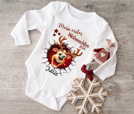 Mein erstes Weihnachten Baby Outfit Body Rentier Junge Babybody Langarm oder Kurzarm - CreativMade 