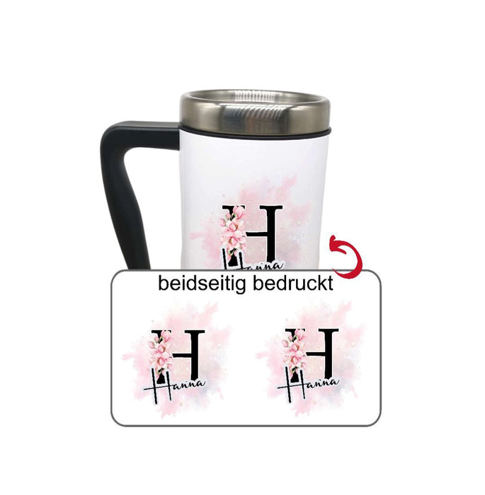 Thermobecher personalisiert Cup Becher mit Namen Edelstahl mit Griff Geschenk Kaffeebecher Auto Reisebecher isoliert