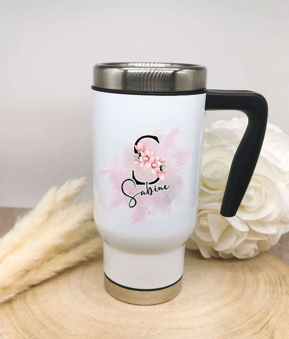 Thermobecher personalisiert Cup Becher mit Namen Edelstahl mit Griff Geschenk Kaffeebecher Auto Reisebecher isoliert