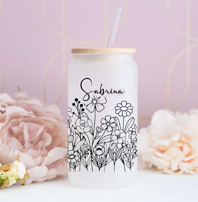 Eiskaffeeglas personalisiert Blumen Trinkglas mit Deckel Strohhalm Tasse Glas Geschenk - CreativMade 