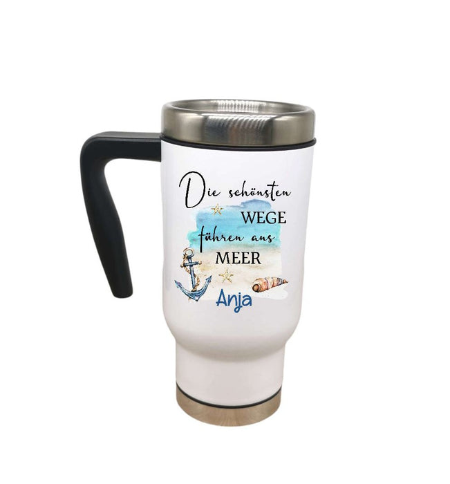 Thermobecher personalisiert Maritim Meer Cup Becher mit Namen Edelstahl mit Griff Geschenk Kaffeebecher Auto Reisebecher isoliert