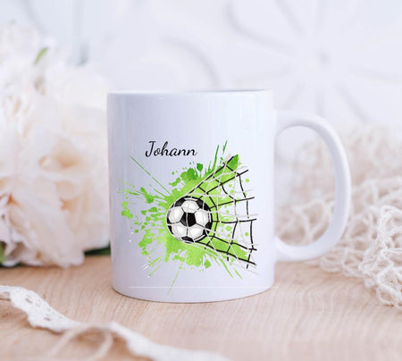 Tasse mit Name Fußball Grün Emaillie oder Keramik - CreativMade 