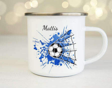 Tasse mit Name Fußball Blau Emaillie oder Keramik - CreativMade 