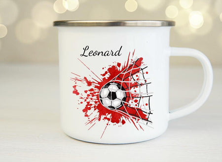 Tasse mit Name Fußball Rot Emaillie oder Keramik - CreativMade 